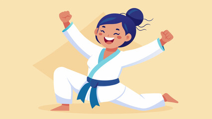A woman smiles with joy as she exees a perfect jiujitsu move boosting her selfesteem and sense of empowerment.