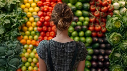 a woman from behind, standing in front of a vibrant and neatly organized produce section in a grocery store