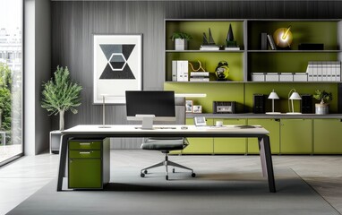 A Sustainable Office Haven, Screen Centered Green Desk, Central Computer Desk