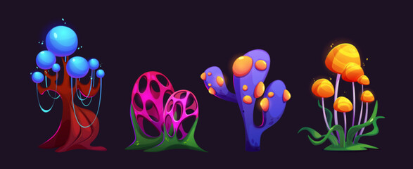 Magic neon color plants set isolated on black background. Vector cartoon illustration of fairytale tree, flower, mushroom glowing in blue, pink, yellow colors, fantasy wonderland design elements
