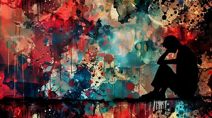 a silhouette of a thoughtful man sitting alone surrounded by an abstract, chaotic background