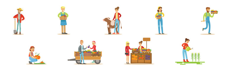 Farmer Produce Local Organic Food and Crop and Market Sell Vector Set