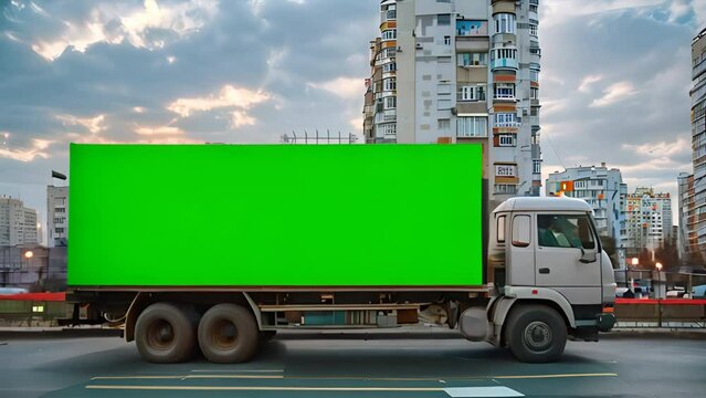 Stationary billboard truck with green mockup in city,generative ai