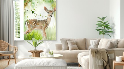 A detailed watercolor splash art of a gentle doe, its coat a soft blend of greens and browns, blending seamlessly with the natural elements of a modern living room.