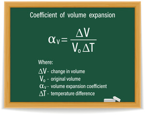 Coefficient of volume expansion formula on a green chalkboard. Education. Science. Formula. Vector illustration.