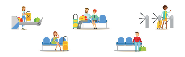 Different People Character in Airport Terminal Vector Set