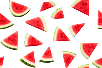 Watermelon slices with juicy red flesh and green rinds arranged in a playful, scattered pattern on a transparent background. Generative AI
