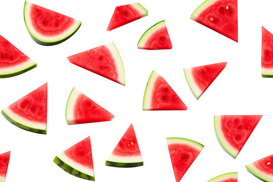 Watermelon slices with juicy red flesh and green rinds arranged in a playful, scattered pattern on a transparent background. Generative AI - Powered by Adobe