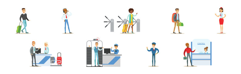 Different People Character in Airport Terminal Vector Set