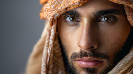 Arab widespread across the Middle East and North Africa Man, hyper realistic portrait, isolated on a solid background, with empty copy space. - obrazy, fototapety, plakaty