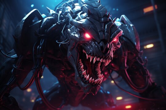 A terrifying cyborg alien with glowing red eyes