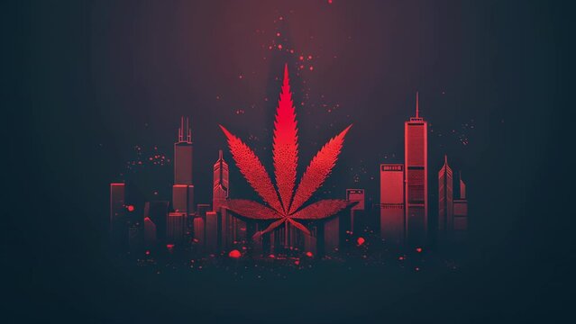 Pushing towards a red illustration of the Chicago skyline with a marijuana leaf over head. Logo or background for Chicago based cannabis products company.