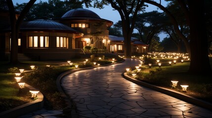 Wooden house of red painted logs at dusk