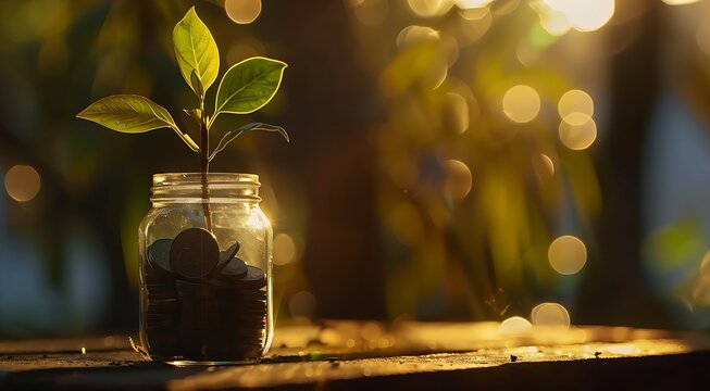 A vibrant young plant sprouting from a glass jar filled with stacked coins, financial growth concept