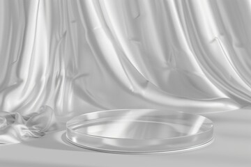 Round transparent glass platform  Podium background 3D on silver color wave silk satin fabric background. Blank silver color cylinder form mock up background for beauty cosmetic product presentation 