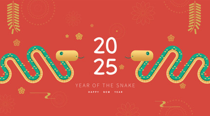 Traditional Chinese Year of the Snake illustration vector 2025, ink style, red envelope, Asian elements red and gold traditional style (Translation: Snake Zodiac 2025 Happy New Year)