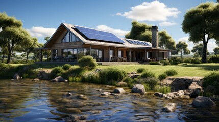 Obraz premium Modern lake house with solar panels on the roof