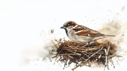 A detailed watercolor splash art of a sparrow building its nest, isolated on a pure white background, capturing the essence of nature's hard work.
