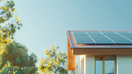 Fototapeta premium Solar panels on a roof of a house, blue sky, trees on the background. A row of solar batteries for suns energy.. Sustainable renewable solar power, eco-consiousness. Green energy concept