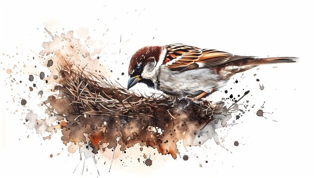 A detailed watercolor splash art of a sparrow building its nest, isolated on a pure white background, capturing the essence of nature's hard work.