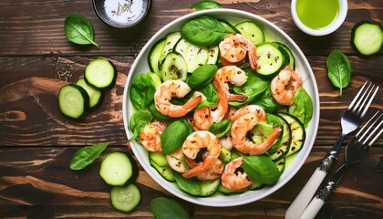 Salad with grilled shrimp and fresh green vegetables, spinach leaves and zucchini served 