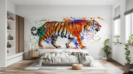 A detailed watercolor splash art of a powerful tiger, its stripes painted in vivid colors, dominating the wall of a spacious master bedroom in a modern luxury home. - obrazy, fototapety, plakaty