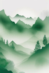 Fototapeta premium Collage de green nature avec arbres et montagne in watercolor style.
