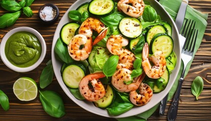 Salad with grilled shrimp and fresh green vegetables, spinach leaves and zucchini served 