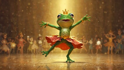 A joyful frog prince taking center stage in a ballet recital with a cheering miniature audience, adding a fairytale atmosphere