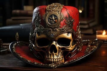 A golden skull wearing a red hat with golden decorations