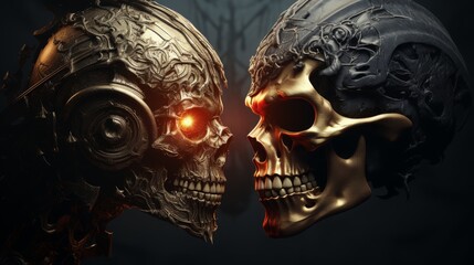 A golden skull with glowing red eye sockets faces off against a black skull with glowing blue eye sockets.