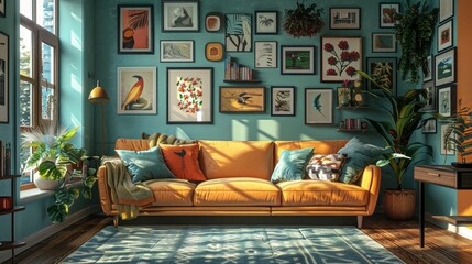 Eclectic Living Room Artwork Display: A 3D illustration showcasing an eclectic living room with a dynamic artwork display