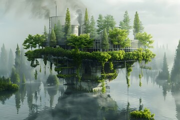 Futuristic Floating Eco-Friendly Industrial Complex in Misty Forest