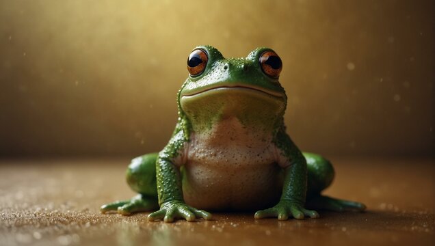 Detailed image of a green frog with bulging eyes, focused gaze against a golden backdrop