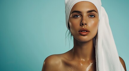 A satisfied young woman takes care of her skin after a shower, wrapping her hair in a towel.