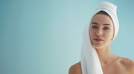 Portrait of a young happy beautiful woman smiling in a towel, spa and skin care concept, with copy space.