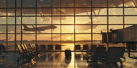 Airport business lounge against the background of a plane taking off in the sunset. The concept of air transportation.