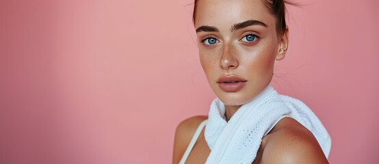 A banner with a young girl with blue eyes and well-groomed skin on a pink background. The concept of skin care. Copy space.
