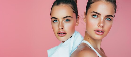 A banner with two young and well-groomed girls with blue eyes on a pink background. The concept of skin care. Copy space.