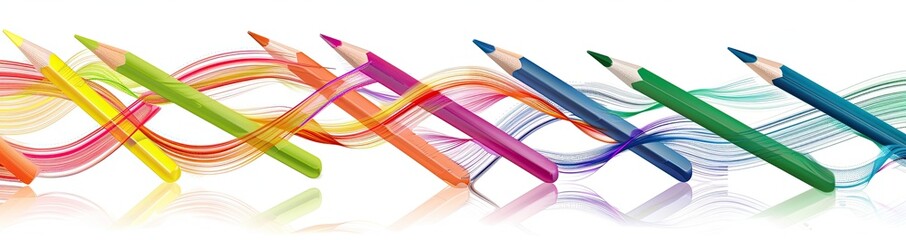 Abstract banner with colorful pencils and curved lines on a white background.