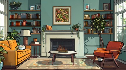 Eclectic Living Room Vintage Charm: An illustration featuring an eclectic living room with vintage charm