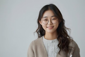 Smiling Young Asian Woman with Glasses Holding a Tablet