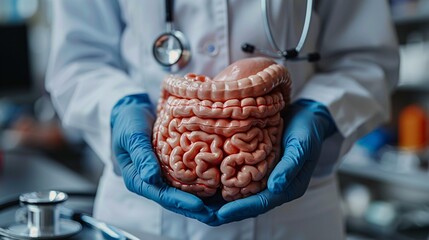 A physician examining a model of the human colon, showing conditions such as colorectal cancer and digestive issues.