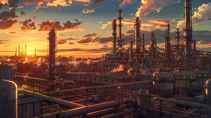 a sprawling industrial petrochemical complex during golden hour