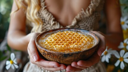Close-up of woman's hands grasping a wooden spoon while stirring a bowl of natural bee nectar, creating handmade glycerin soap.