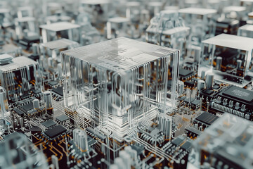 Obraz premium Abstract translucent electronics circuit board with glowing light white tone for background in concept technology, A.I., AI, digital, quantum computing