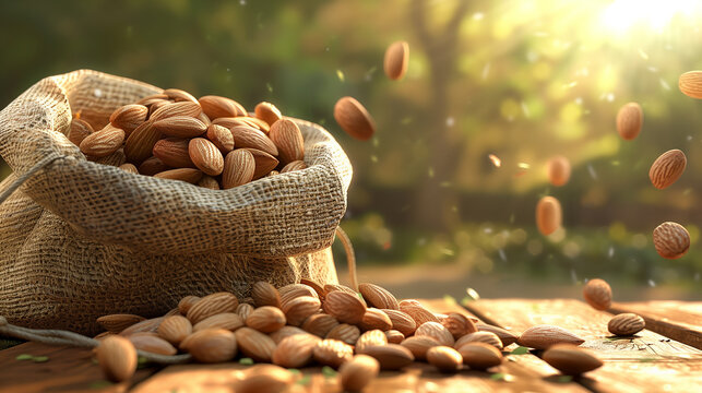 Almond in jute sack bag on the wooden table, background is blur almond farm, roasted almond are poured and overturned