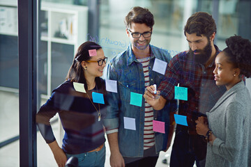 Sticky notes, glass wall and business people in discussion with teamwork in office for planning or...