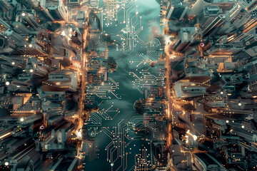 Aerial view of surreal night cityscape made by electronics circuit board with glowing light in concept technology, A.I., AI, digital, energy.