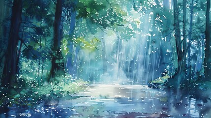 Peaceful watercolor painting of a gentle rainfall in a quiet woodland, offering a visual and metaphorical cleanse, aiding in patient relaxation